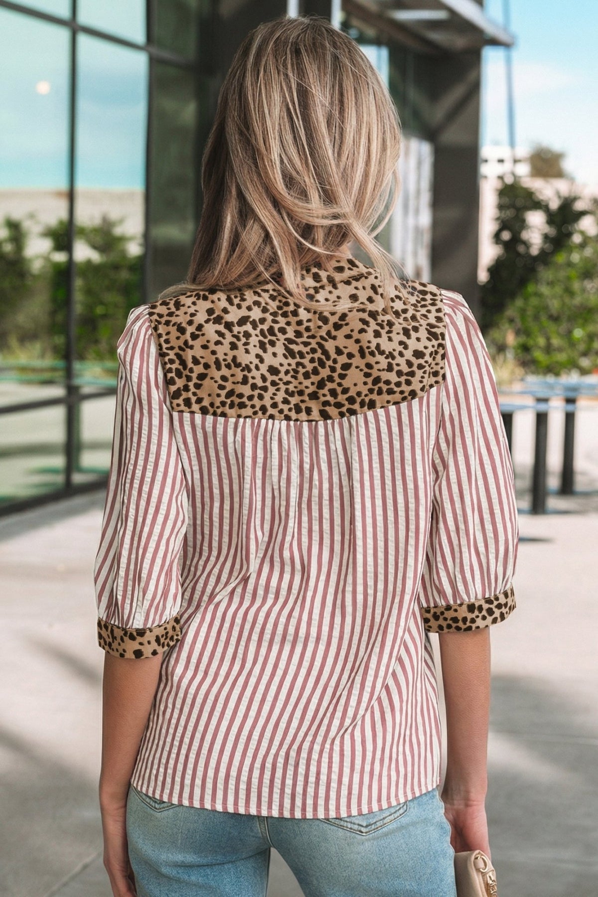 Stripe Leopard Trim V-Neck Buttoned Short Sleeve Shirt - Rooted & Reckless Co.