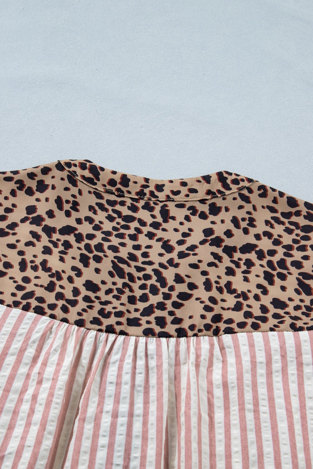 Stripe Leopard Trim V-Neck Buttoned Short Sleeve Shirt - Rooted & Reckless Co.