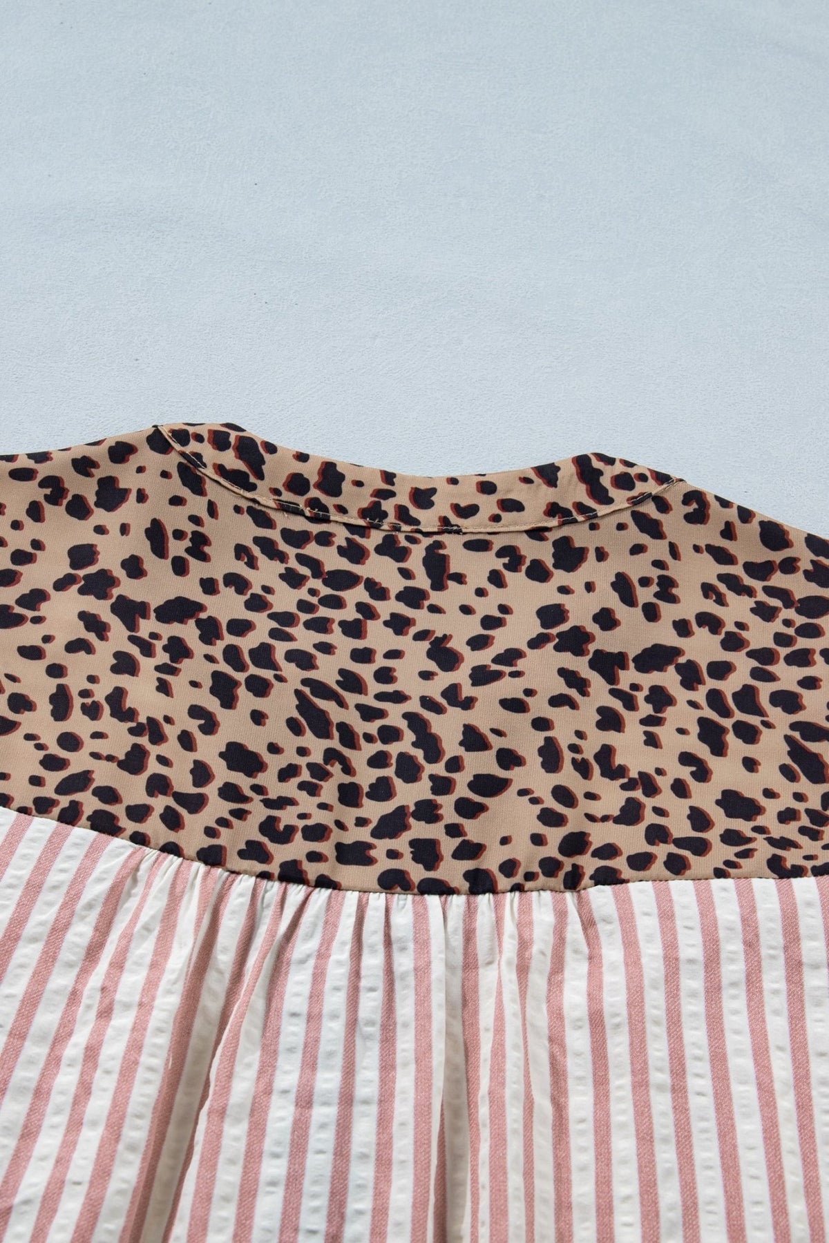 Stripe Leopard Trim V-Neck Buttoned Short Sleeve Shirt - Rooted & Reckless Co.