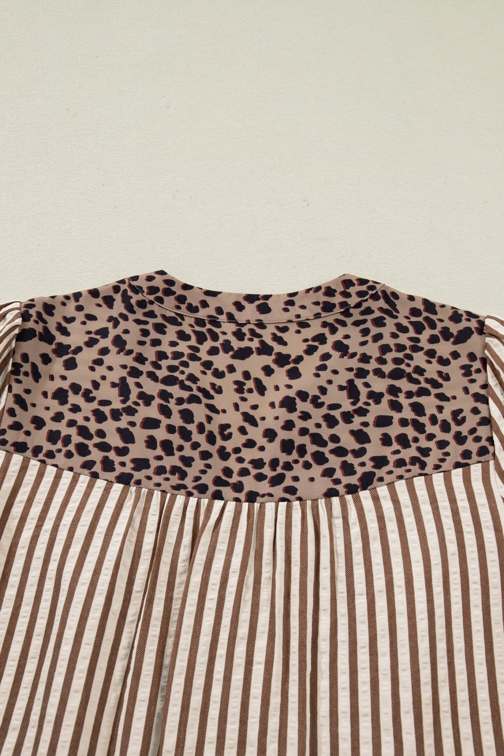 Stripe Leopard Trim V-Neck Buttoned Short Sleeve Shirt - Rooted & Reckless Co.