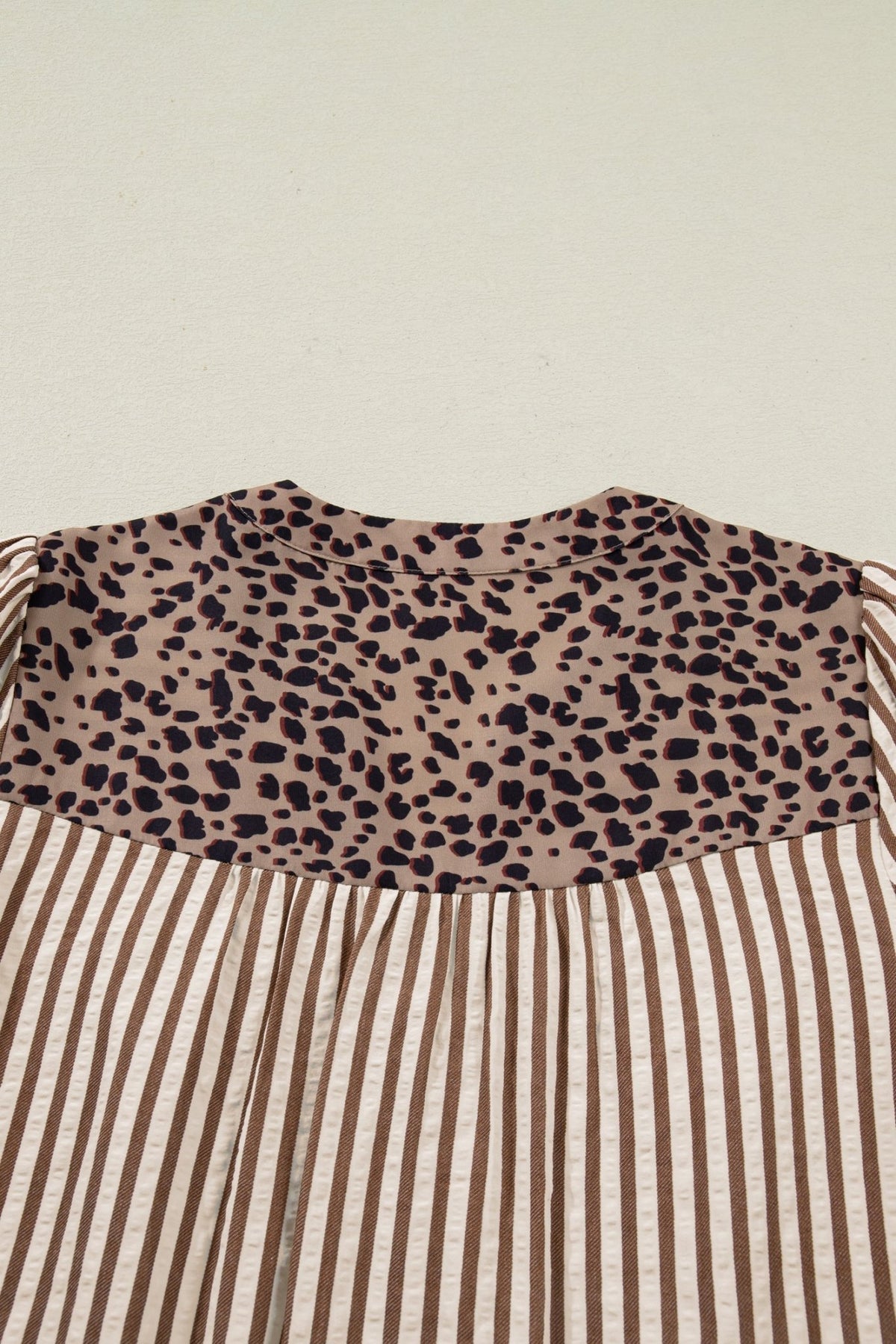 Stripe Leopard Trim V-Neck Buttoned Short Sleeve Shirt - Rooted & Reckless Co.