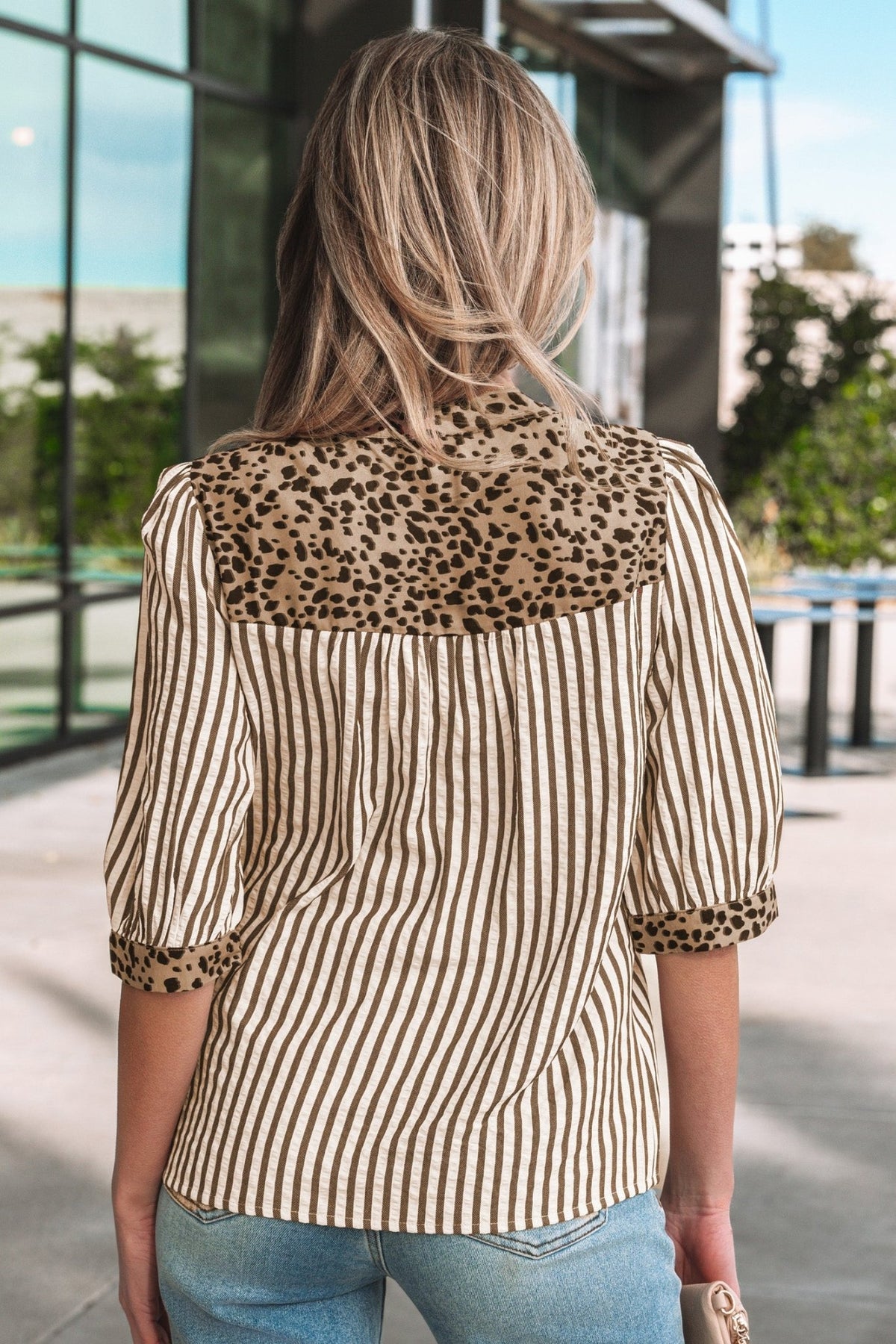 Stripe Leopard Trim V-Neck Buttoned Short Sleeve Shirt - Rooted & Reckless Co.