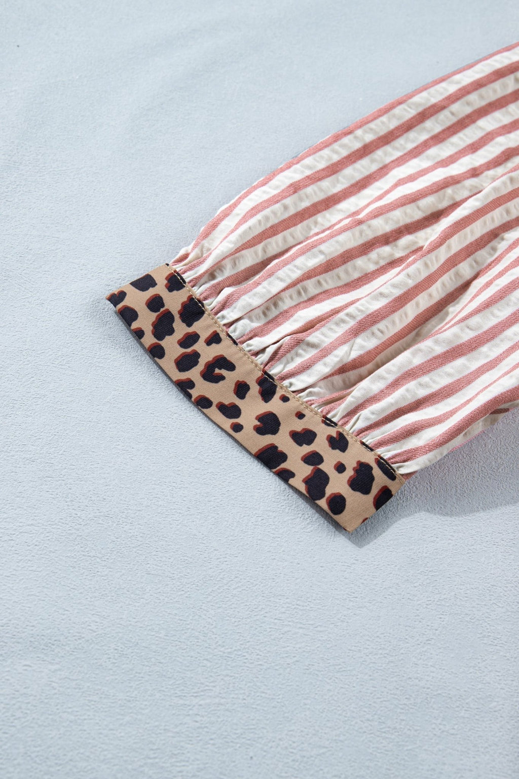Stripe Leopard Trim V-Neck Buttoned Short Sleeve Shirt - Rooted & Reckless Co.