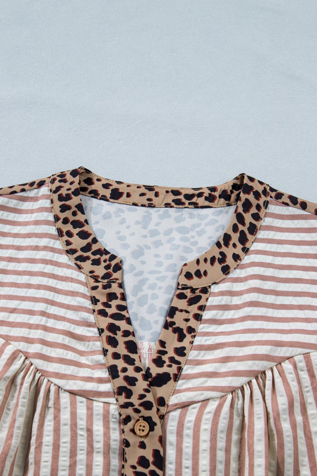 Stripe Leopard Trim V-Neck Buttoned Short Sleeve Shirt - Rooted & Reckless Co.