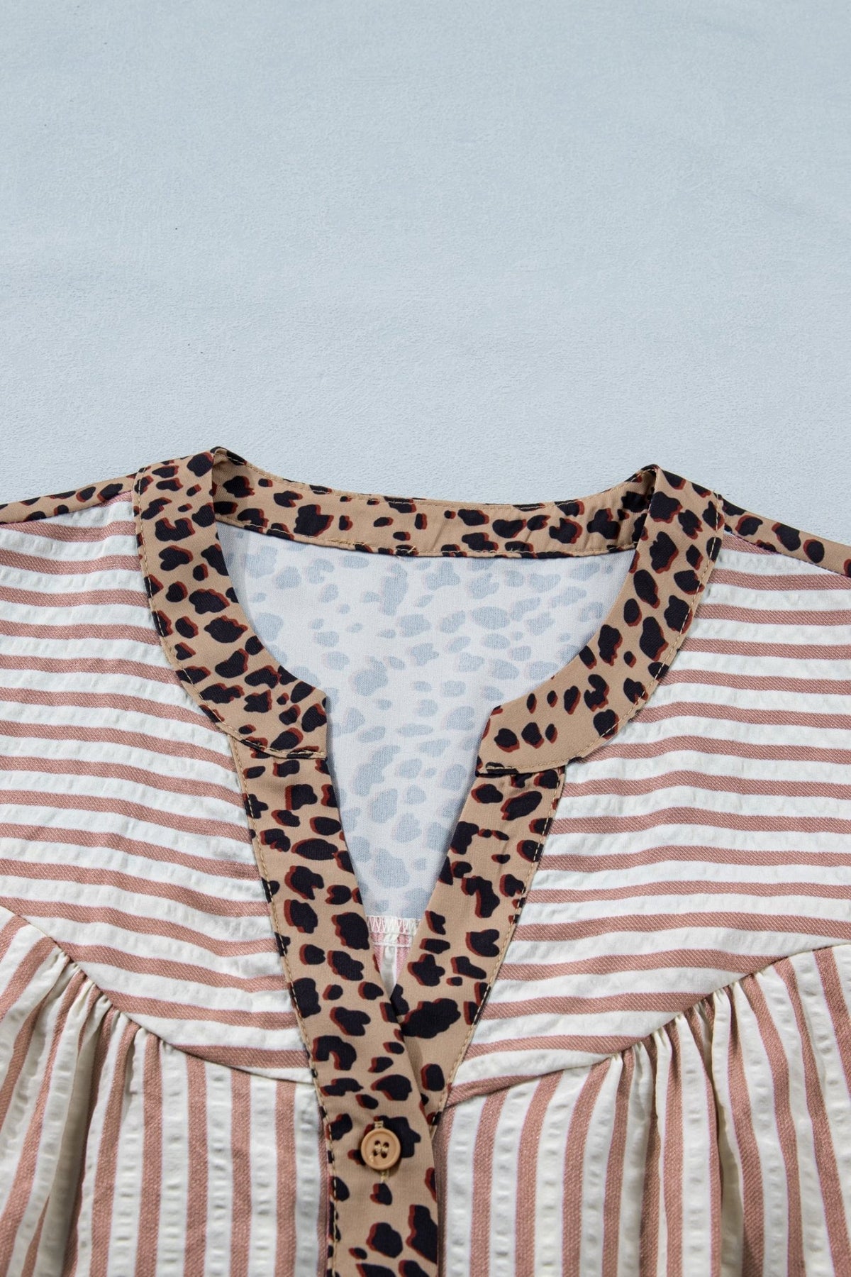 Stripe Leopard Trim V-Neck Buttoned Short Sleeve Shirt - Rooted & Reckless Co.