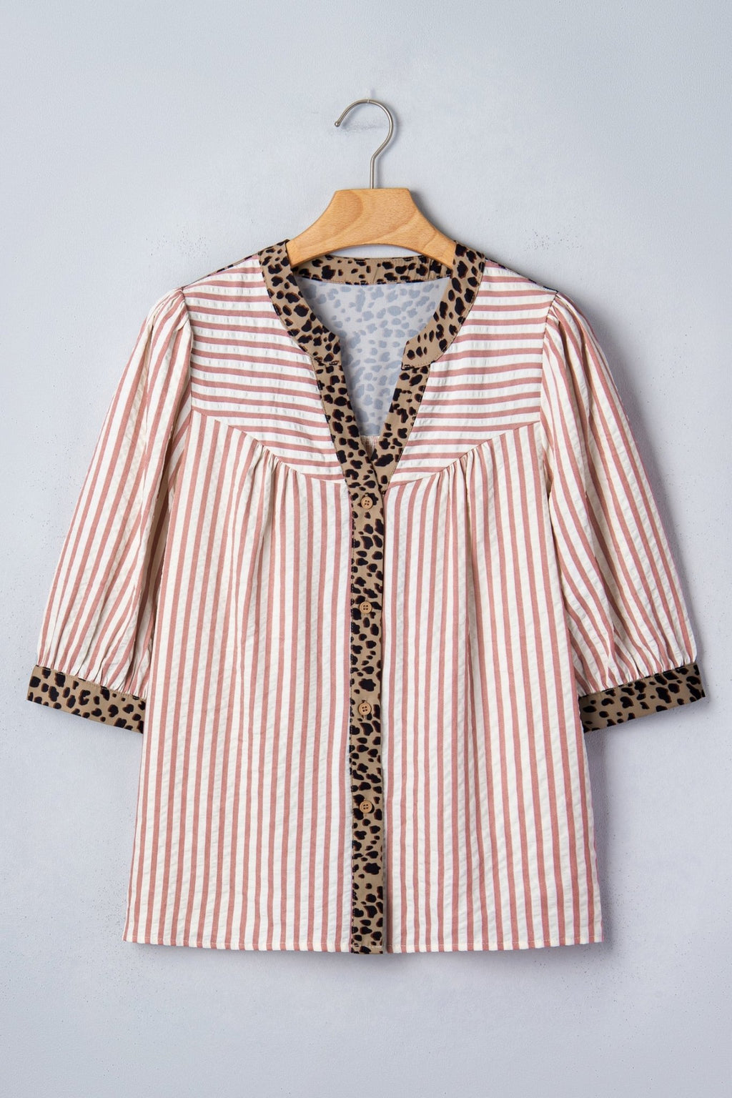Stripe Leopard Trim V-Neck Buttoned Short Sleeve Shirt - Rooted & Reckless Co.