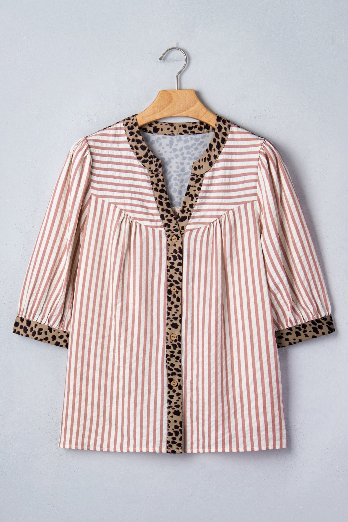 Stripe Leopard Trim V-Neck Buttoned Short Sleeve Shirt - Rooted & Reckless Co.