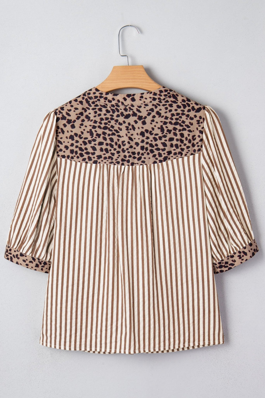 Stripe Leopard Trim V-Neck Buttoned Short Sleeve Shirt - Rooted & Reckless Co.