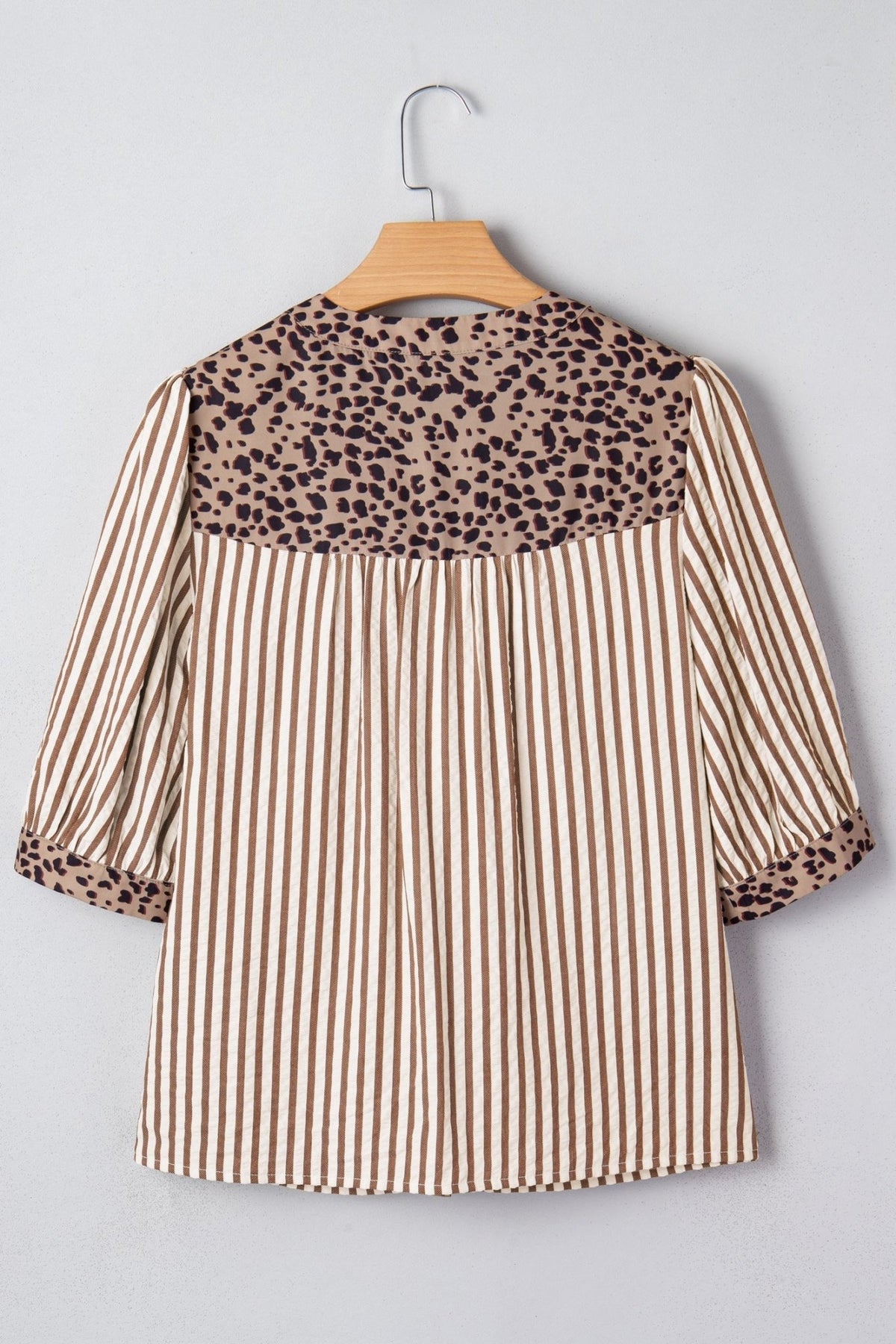 Stripe Leopard Trim V-Neck Buttoned Short Sleeve Shirt - Rooted & Reckless Co.