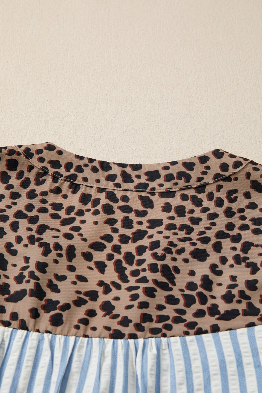 Stripe Leopard Trim V-Neck Buttoned Short Sleeve Shirt - Rooted & Reckless Co.