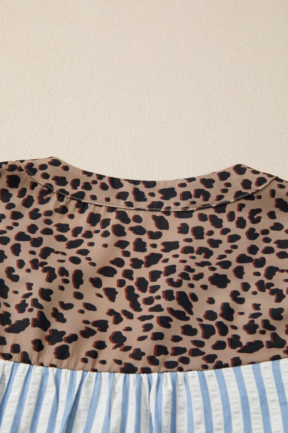 Stripe Leopard Trim V-Neck Buttoned Short Sleeve Shirt - Rooted & Reckless Co.