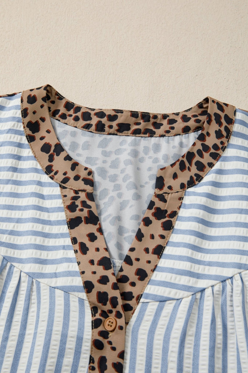 Stripe Leopard Trim V-Neck Buttoned Short Sleeve Shirt - Rooted & Reckless Co.