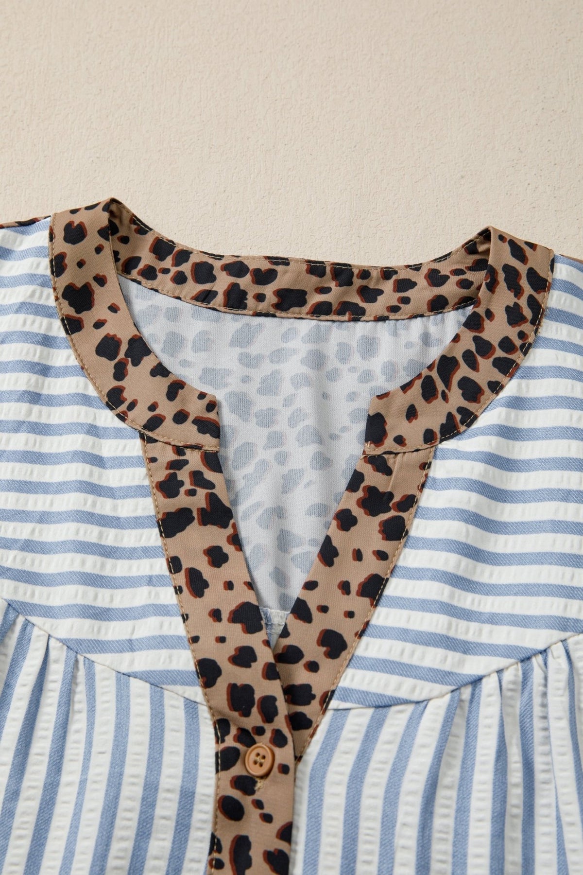 Stripe Leopard Trim V-Neck Buttoned Short Sleeve Shirt - Rooted & Reckless Co.