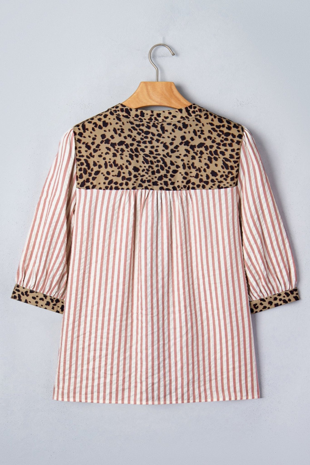 Stripe Leopard Trim V-Neck Buttoned Short Sleeve Shirt - Rooted & Reckless Co.
