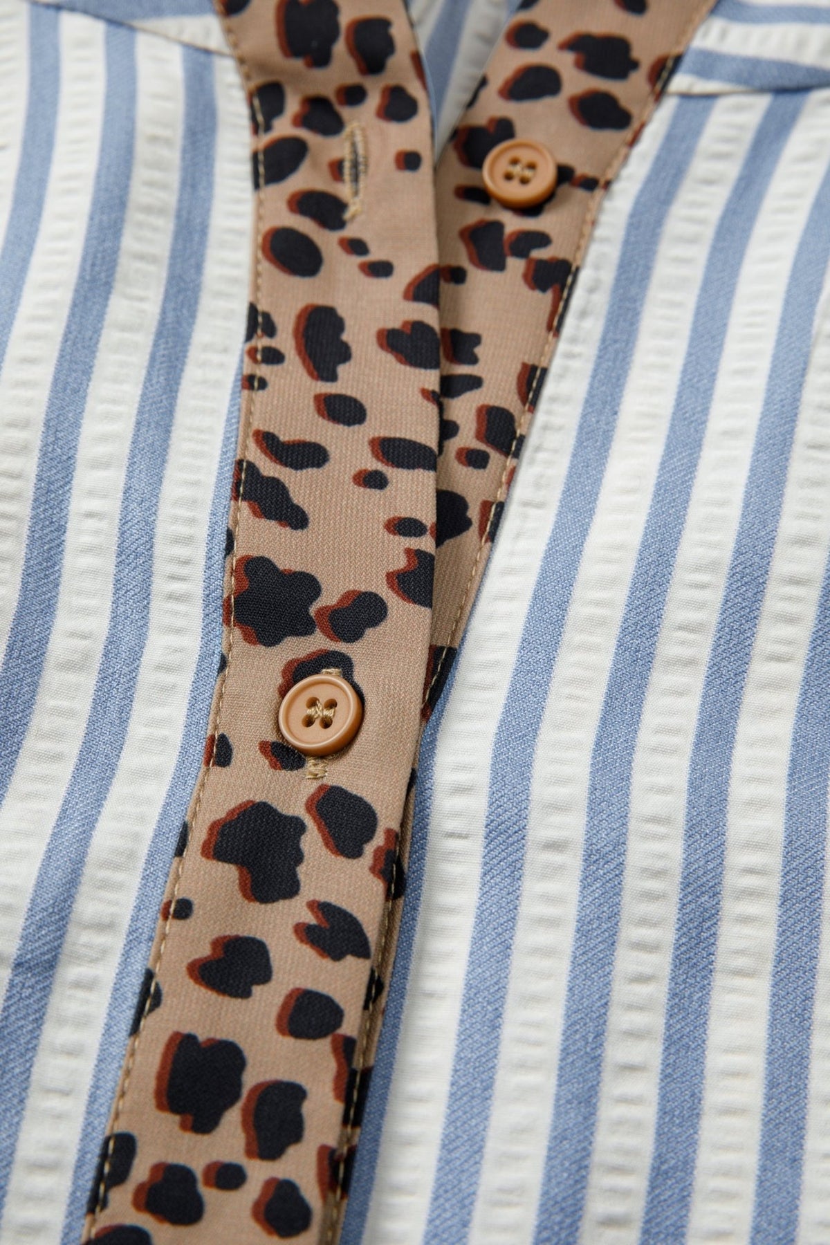 Stripe Leopard Trim V-Neck Buttoned Short Sleeve Shirt - Rooted & Reckless Co.