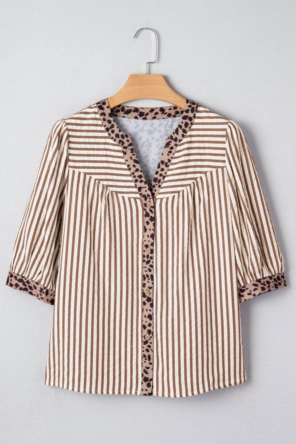 Stripe Leopard Trim V-Neck Buttoned Short Sleeve Shirt - Rooted & Reckless Co.