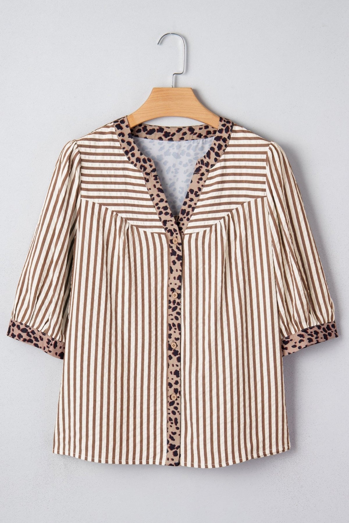 Stripe Leopard Trim V-Neck Buttoned Short Sleeve Shirt - Rooted & Reckless Co.
