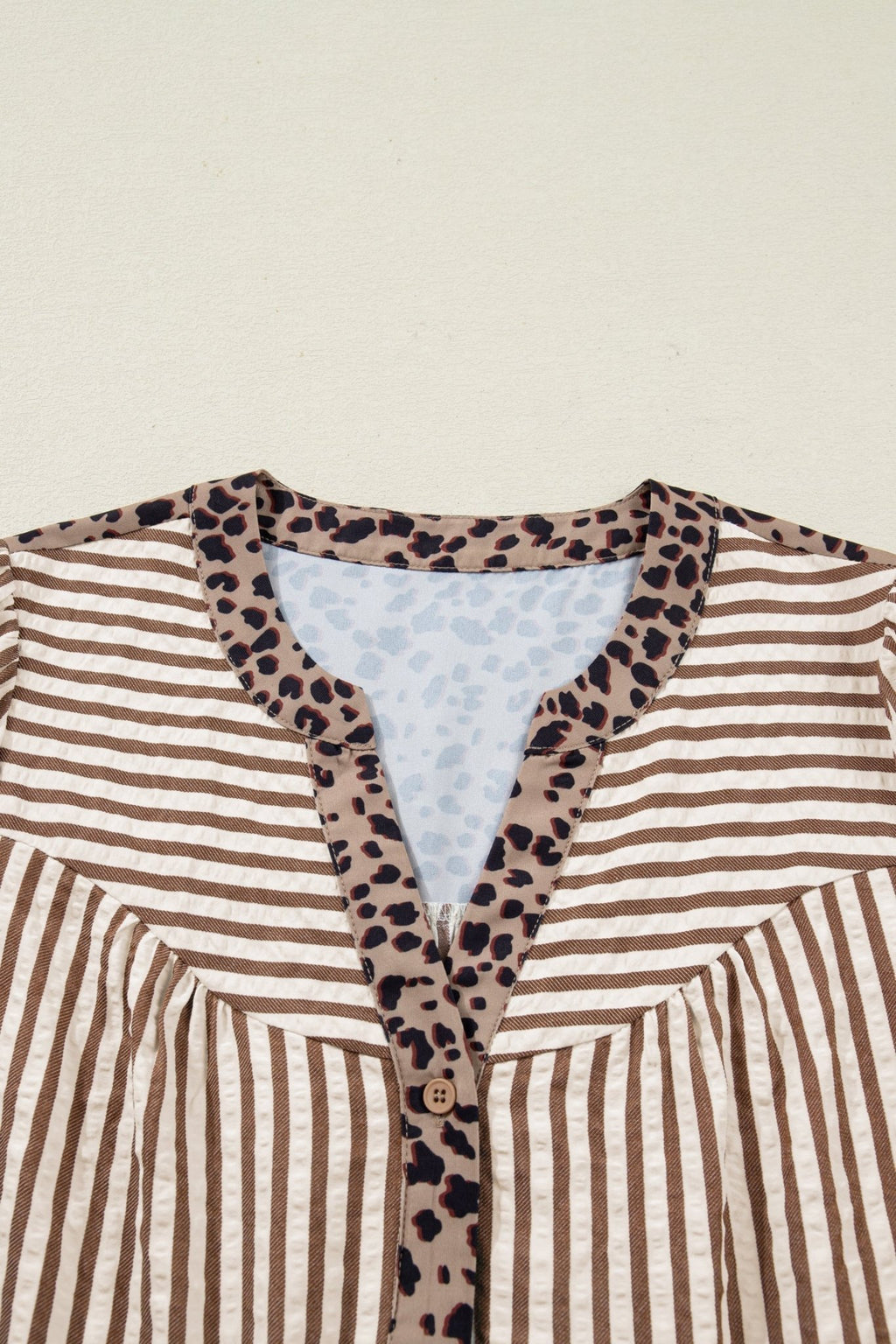 Stripe Leopard Trim V-Neck Buttoned Short Sleeve Shirt - Rooted & Reckless Co.