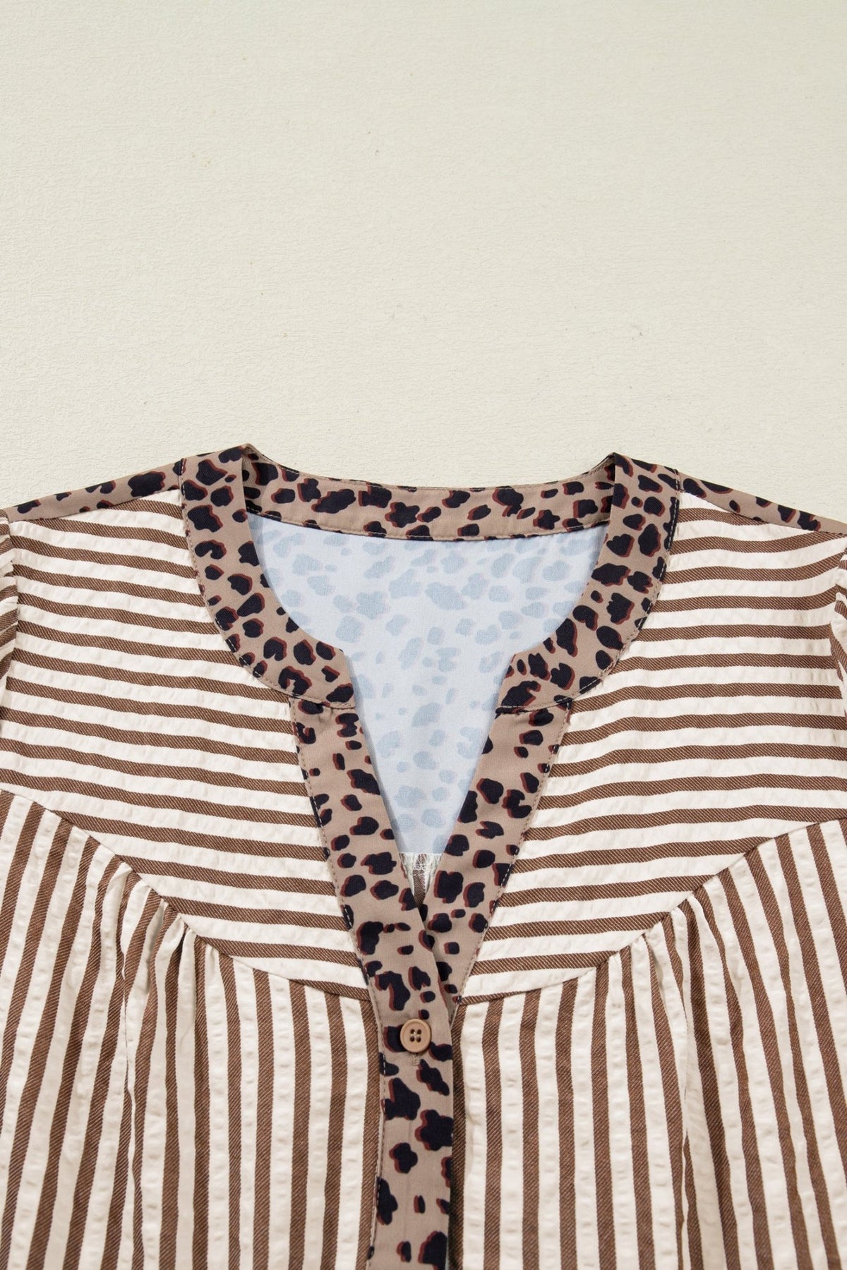 Stripe Leopard Trim V-Neck Buttoned Short Sleeve Shirt - Rooted & Reckless Co.