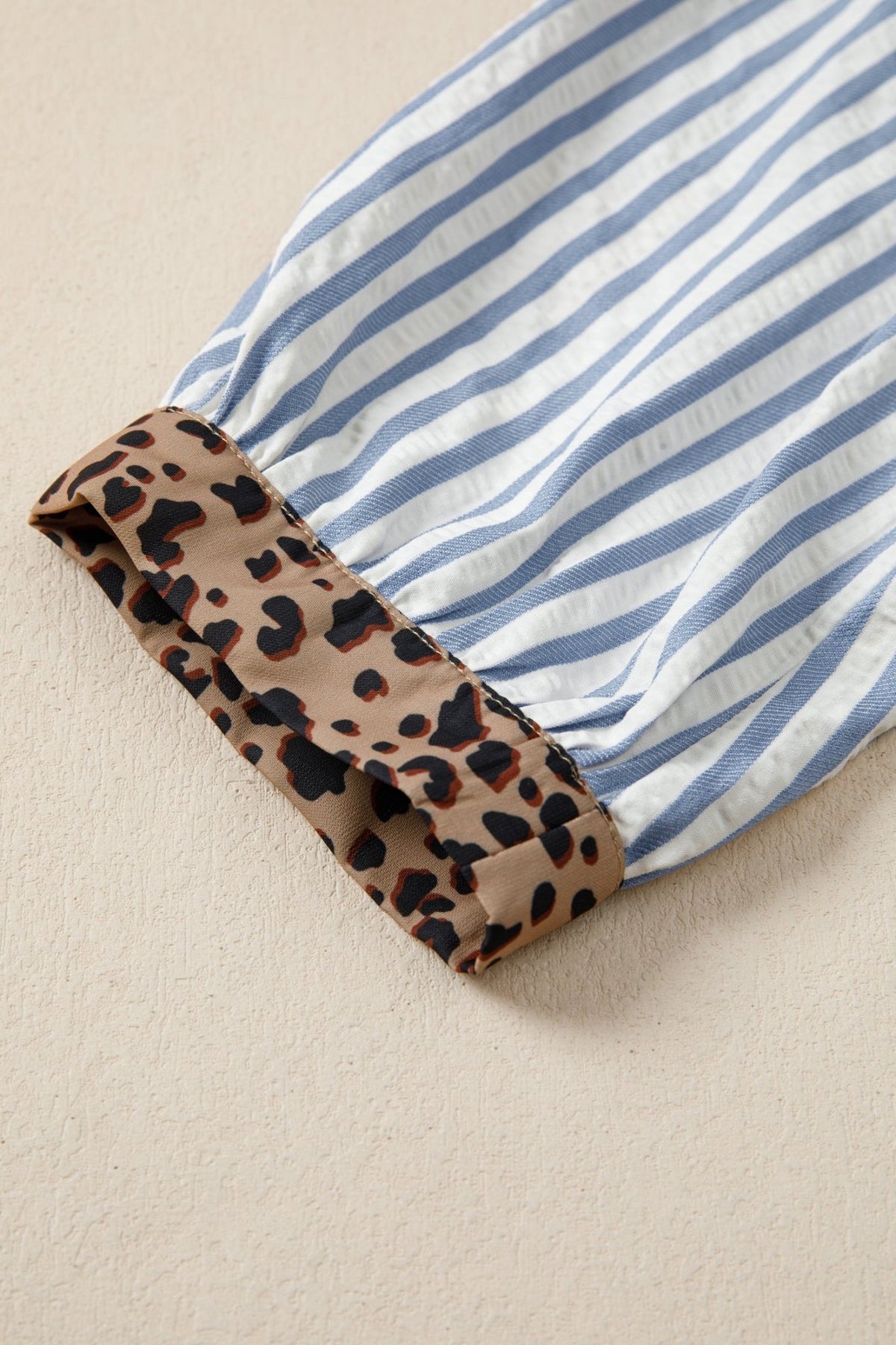 Stripe Leopard Trim V-Neck Buttoned Short Sleeve Shirt - Rooted & Reckless Co.