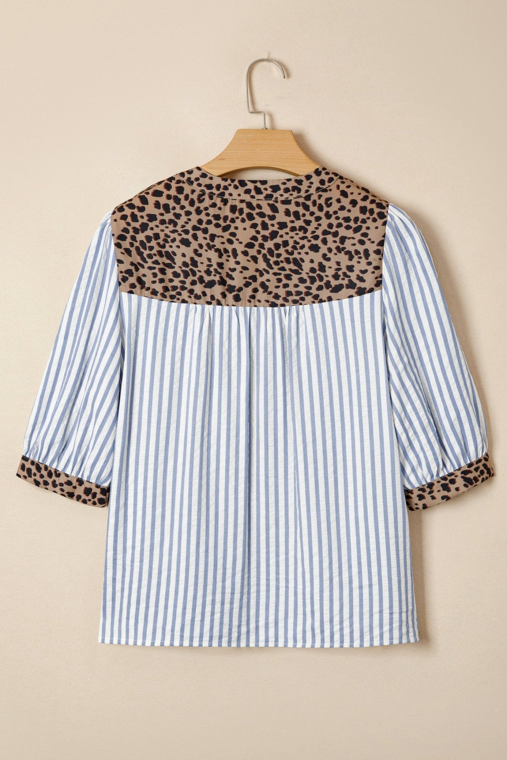 Stripe Leopard Trim V-Neck Buttoned Short Sleeve Shirt - Rooted & Reckless Co.
