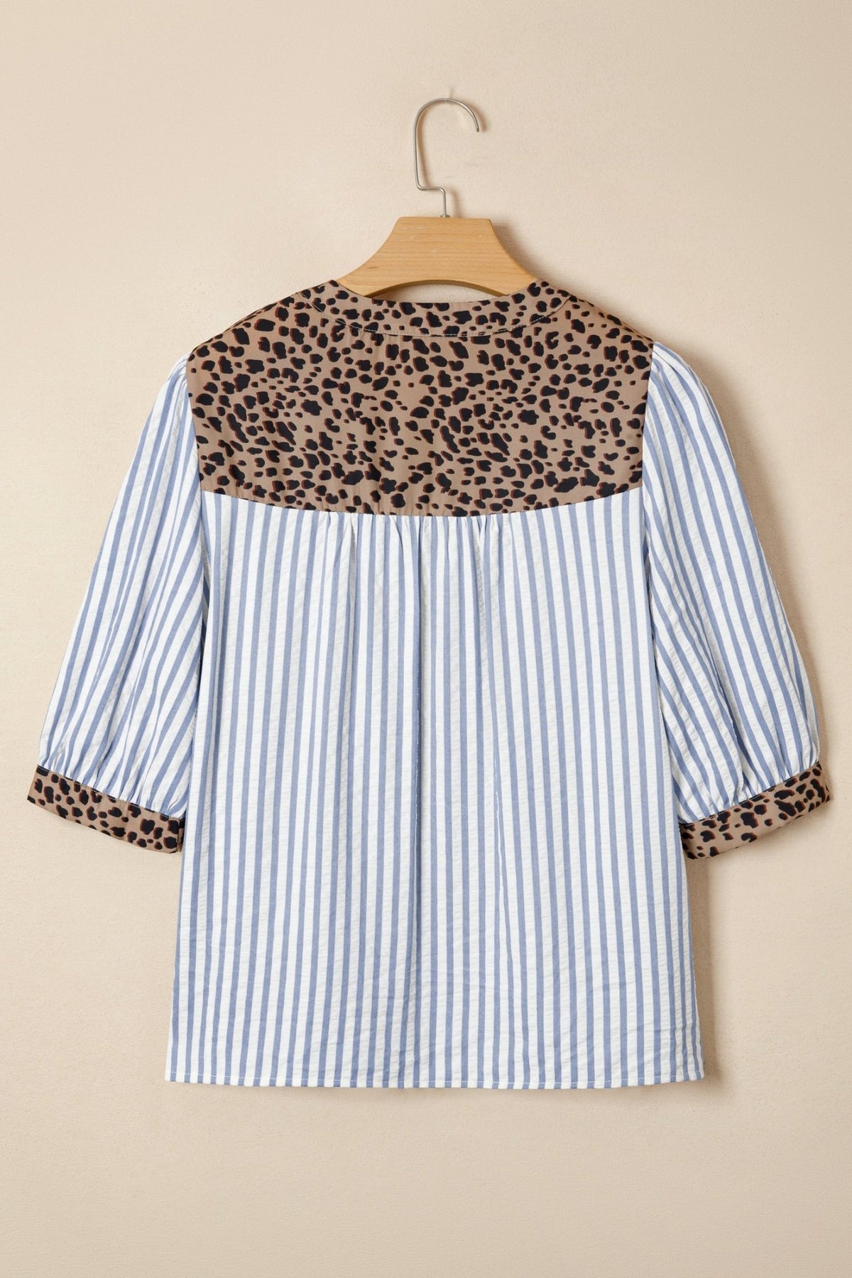 Stripe Leopard Trim V-Neck Buttoned Short Sleeve Shirt - Rooted & Reckless Co.