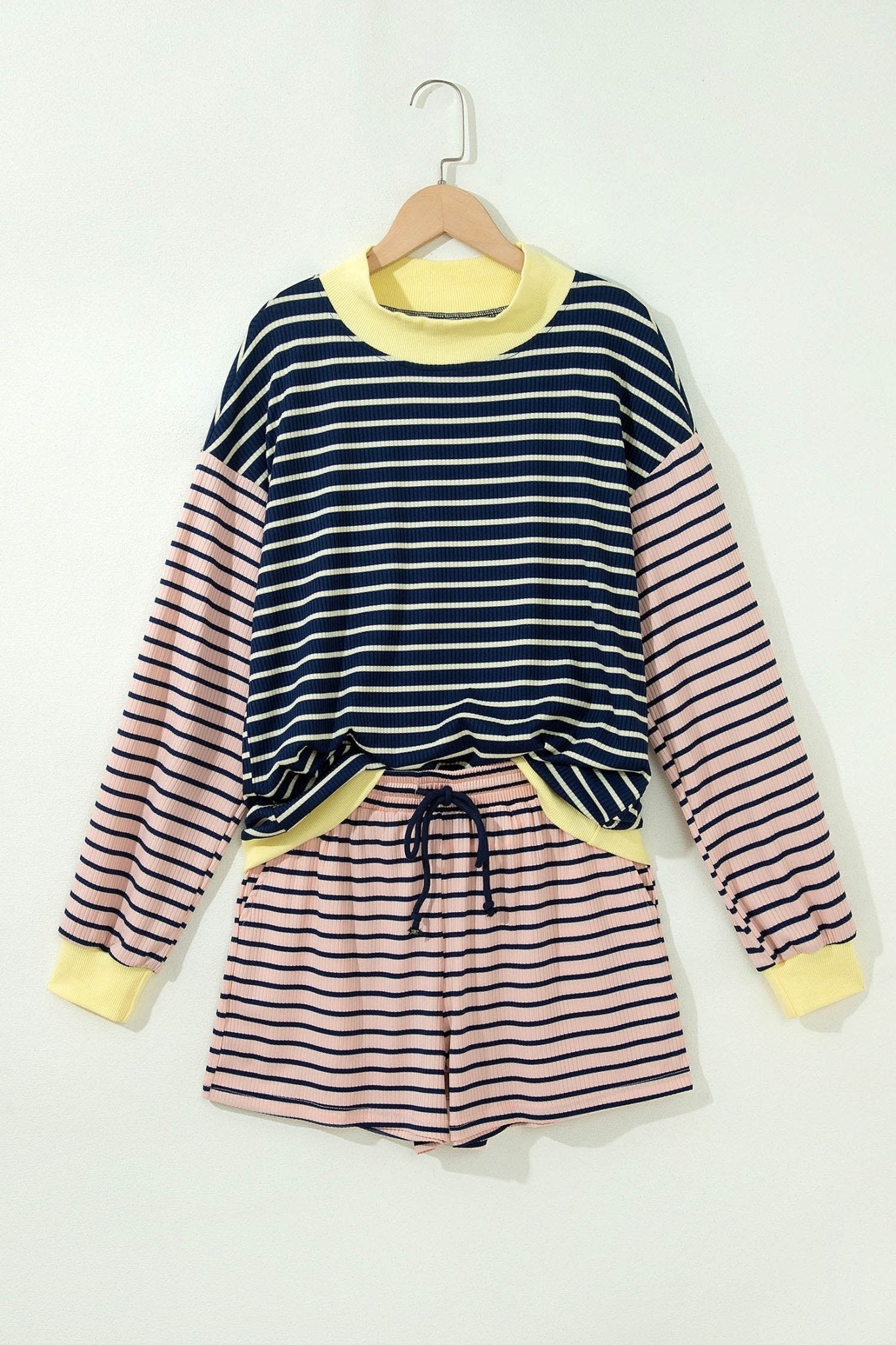 Stripe Long Sleeve Mock Neck Ribbed Knit Top & Shorts Set - Rooted & Reckless Co.