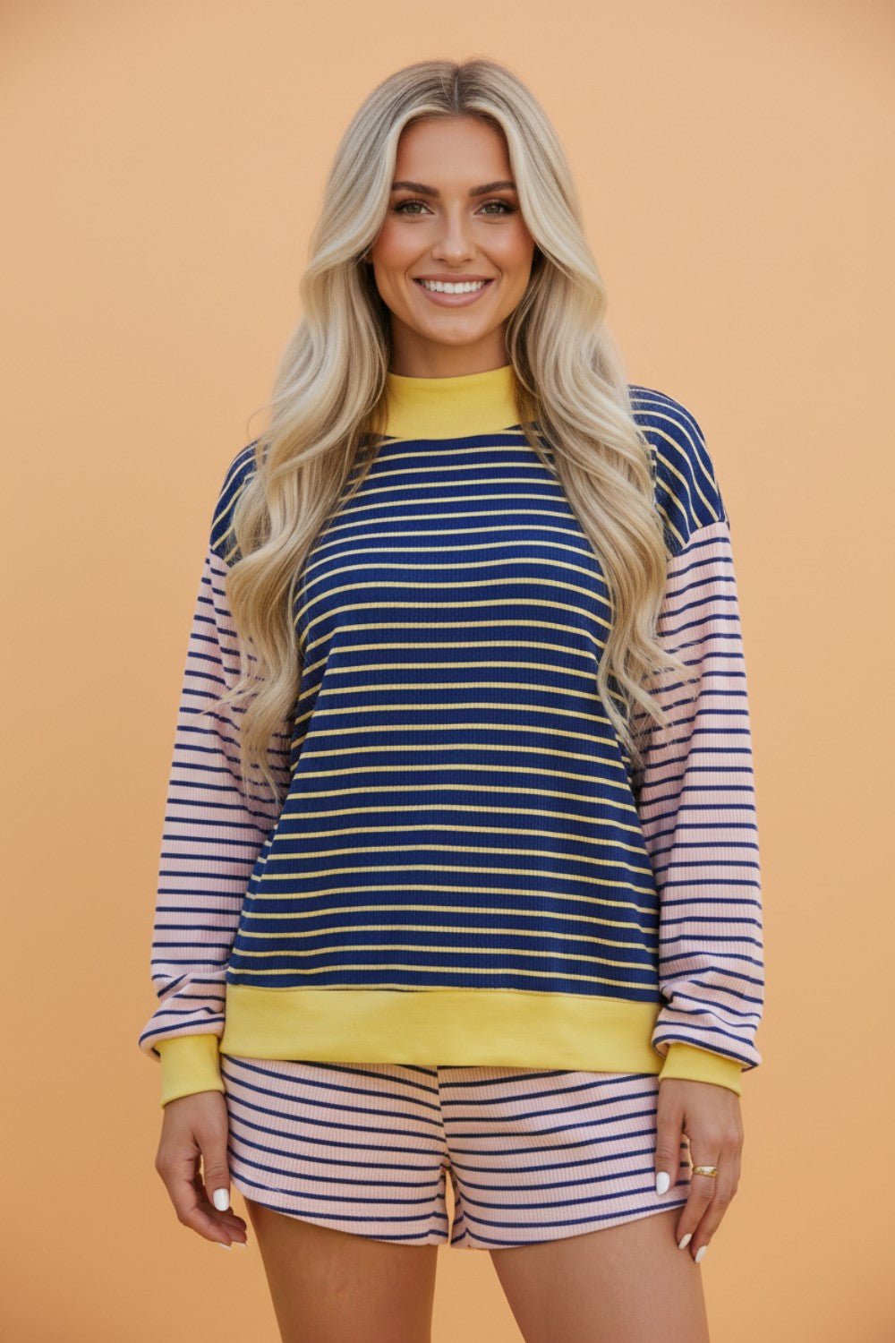 Stripe Long Sleeve Mock Neck Ribbed Knit Top & Shorts Set - Rooted & Reckless Co.