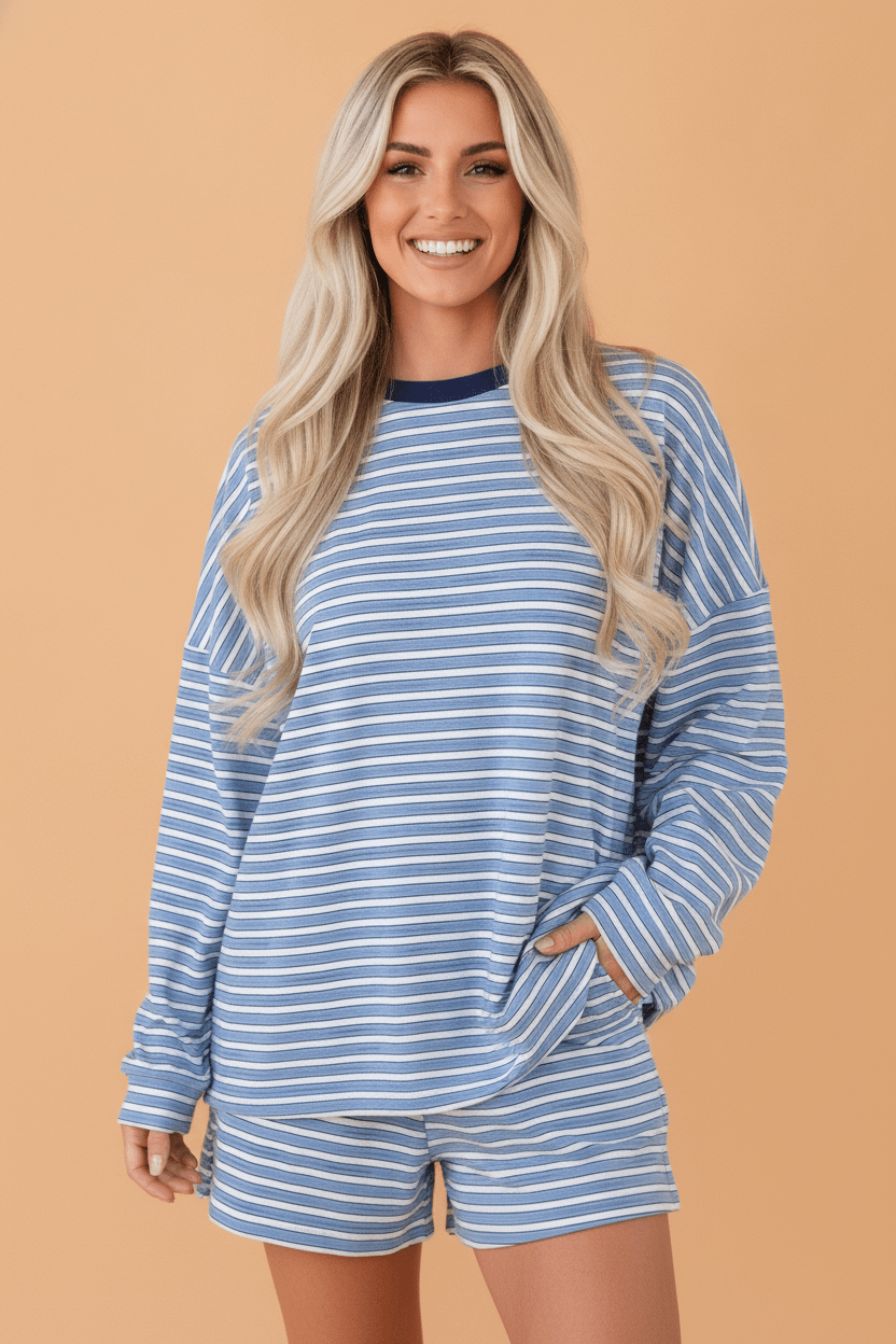 Stripe Long Sleeve Oversized Top & Shorts Set - Rooted & Reckless Co.