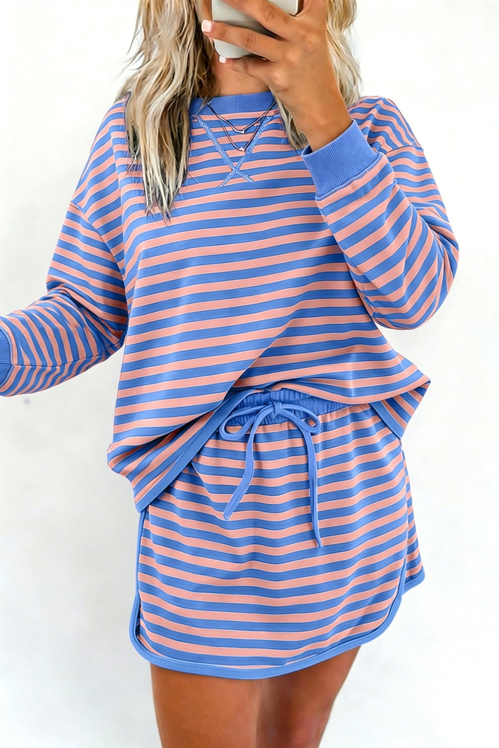 Stripe Long Sleeve Pullover & Drawstring Skort Set - Rooted & Reckless Co.