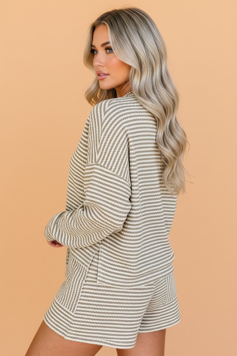Stripe Long Sleeve Textured Knit Top & Drawstring Shorts Set - Rooted & Reckless Co.