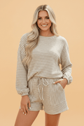 Stripe Long Sleeve Textured Knit Top & Drawstring Shorts Set - Rooted & Reckless Co.