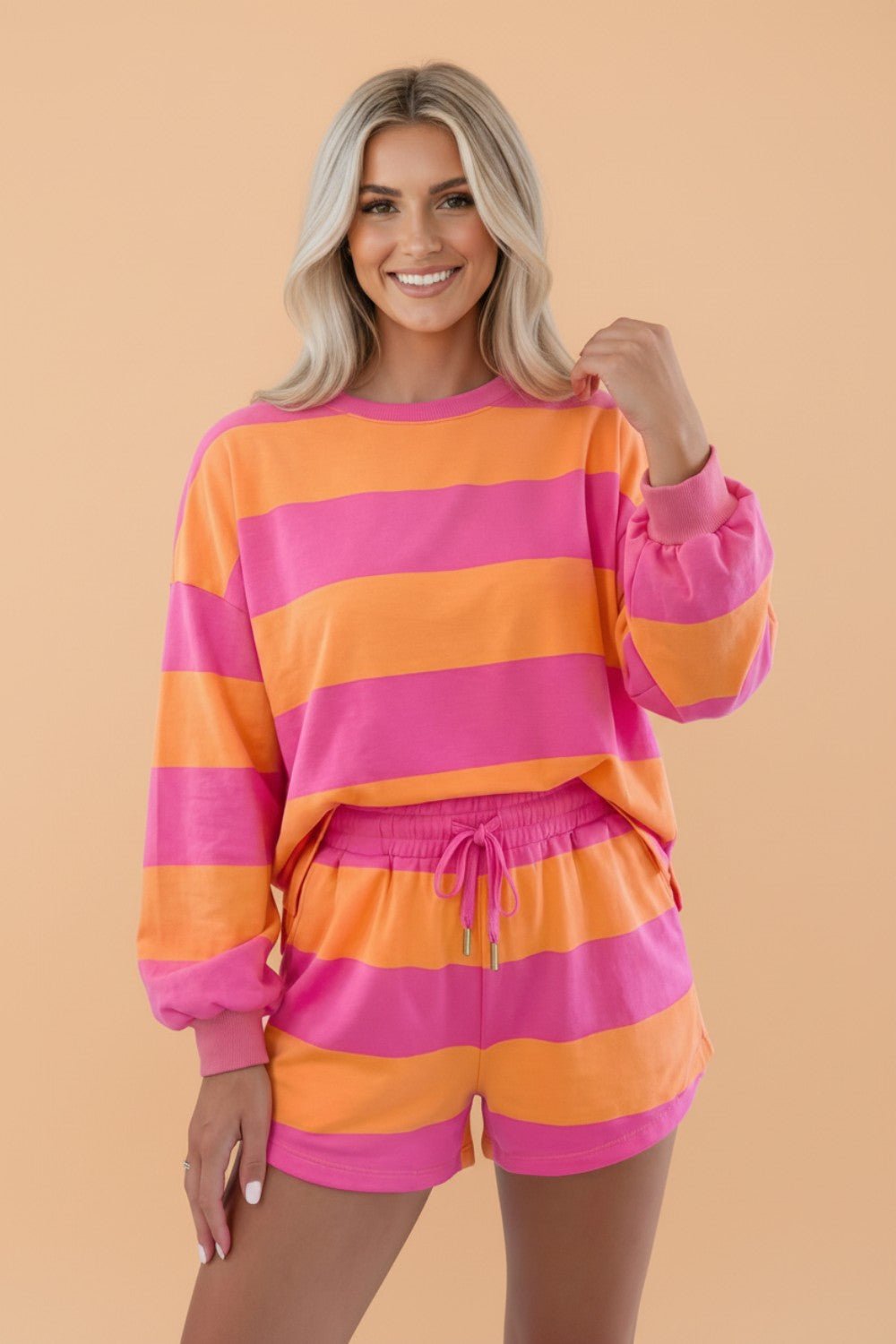 Stripe Long Sleeve Top & Drawstring Shorts Set - Rooted & Reckless Co.