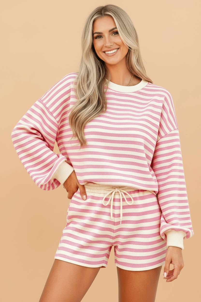 Stripe Long Sleeve Top & Drawstring Shorts Set - Rooted & Reckless Co.