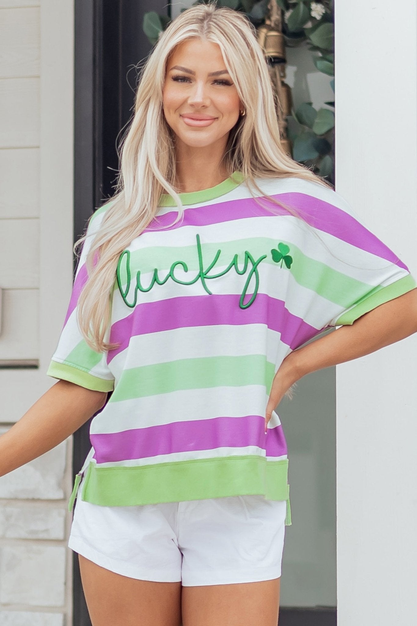Stripe Lucky Clover Embroidered Dolman Sleeve Tee - Rooted & Reckless Co.