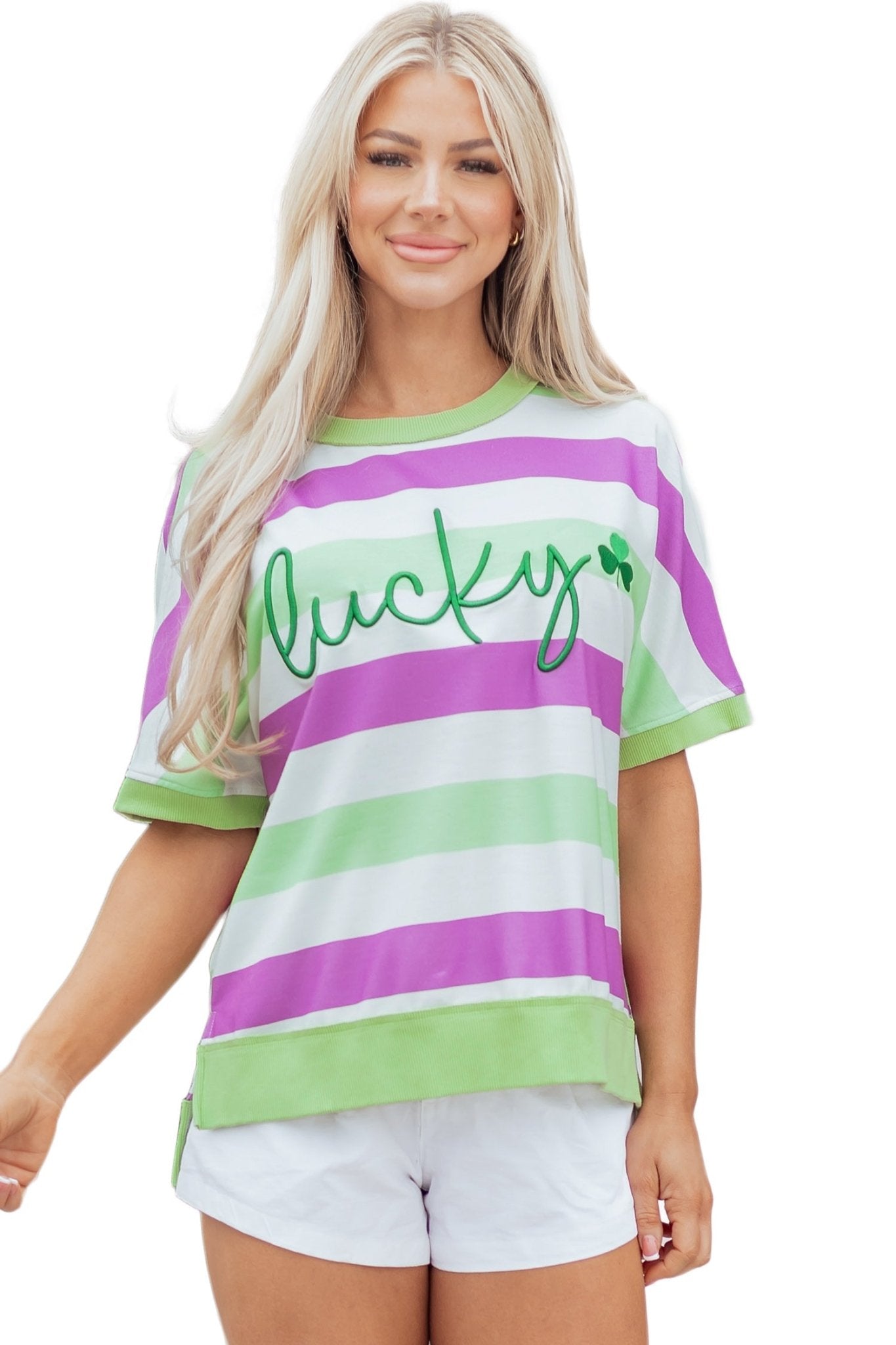 Stripe Lucky Clover Embroidered Dolman Sleeve Tee - Rooted & Reckless Co.