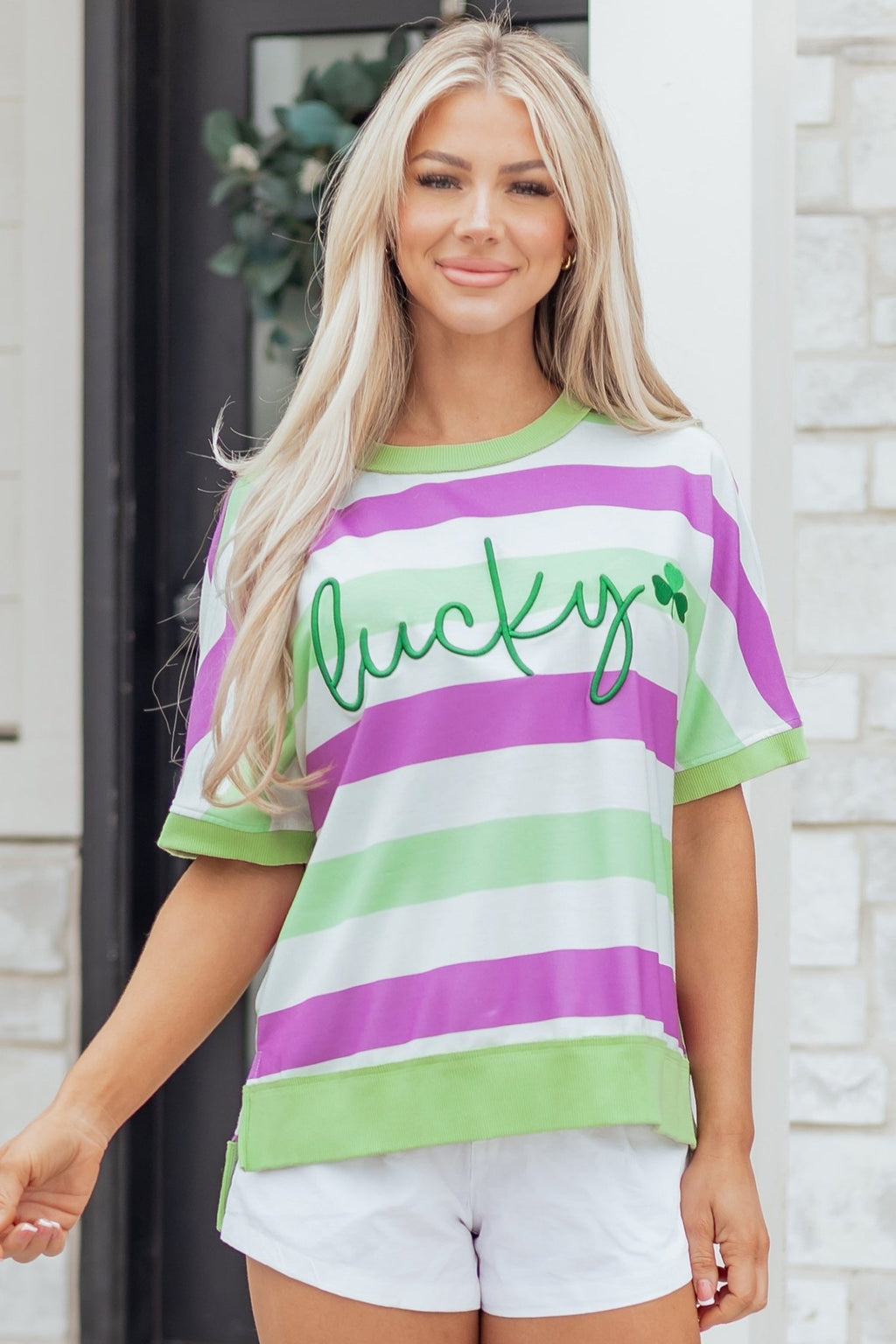 Stripe Lucky Clover Embroidered Dolman Sleeve Tee - Rooted & Reckless Co.