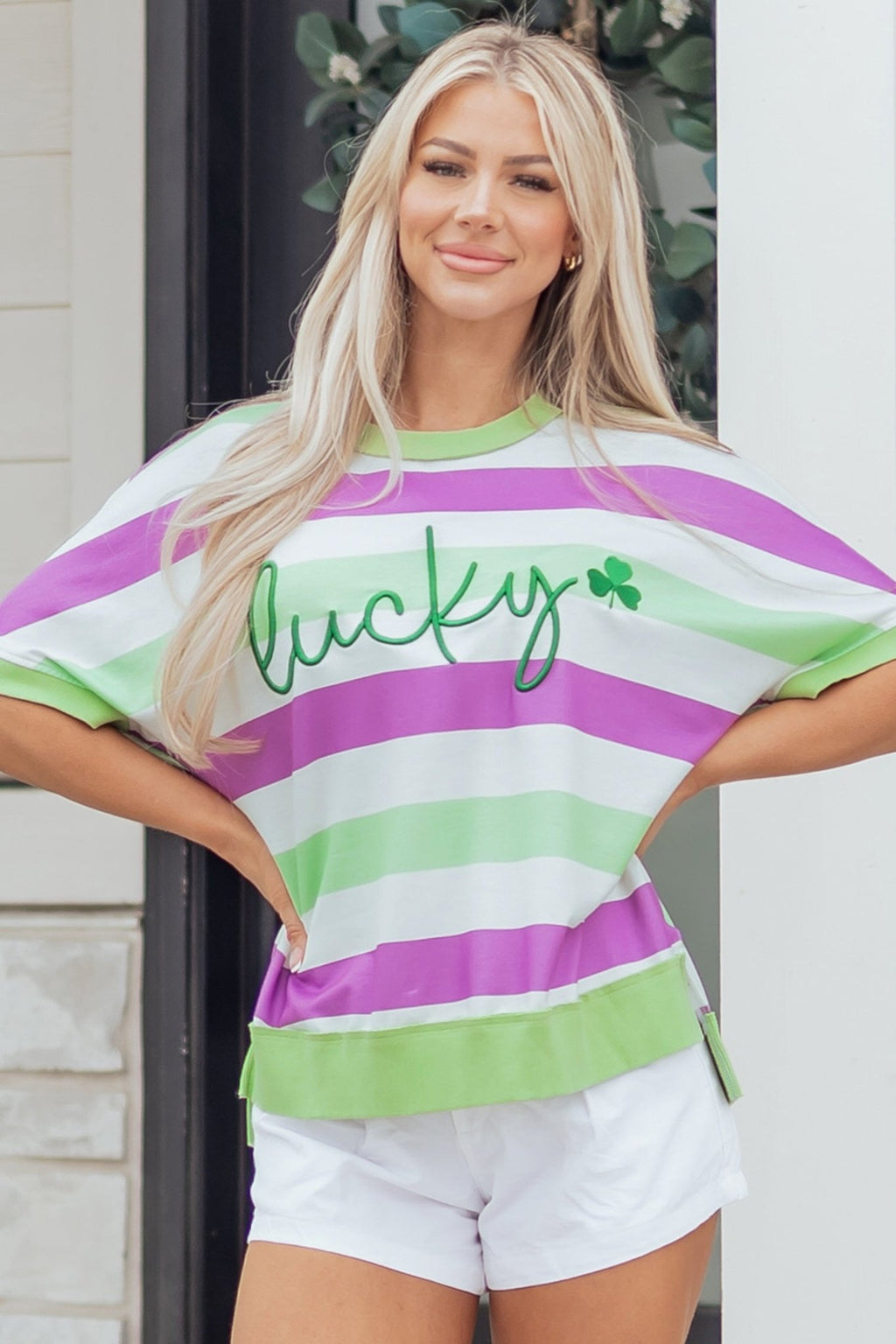 Stripe Lucky Clover Embroidered Dolman Sleeve Tee - Rooted & Reckless Co.