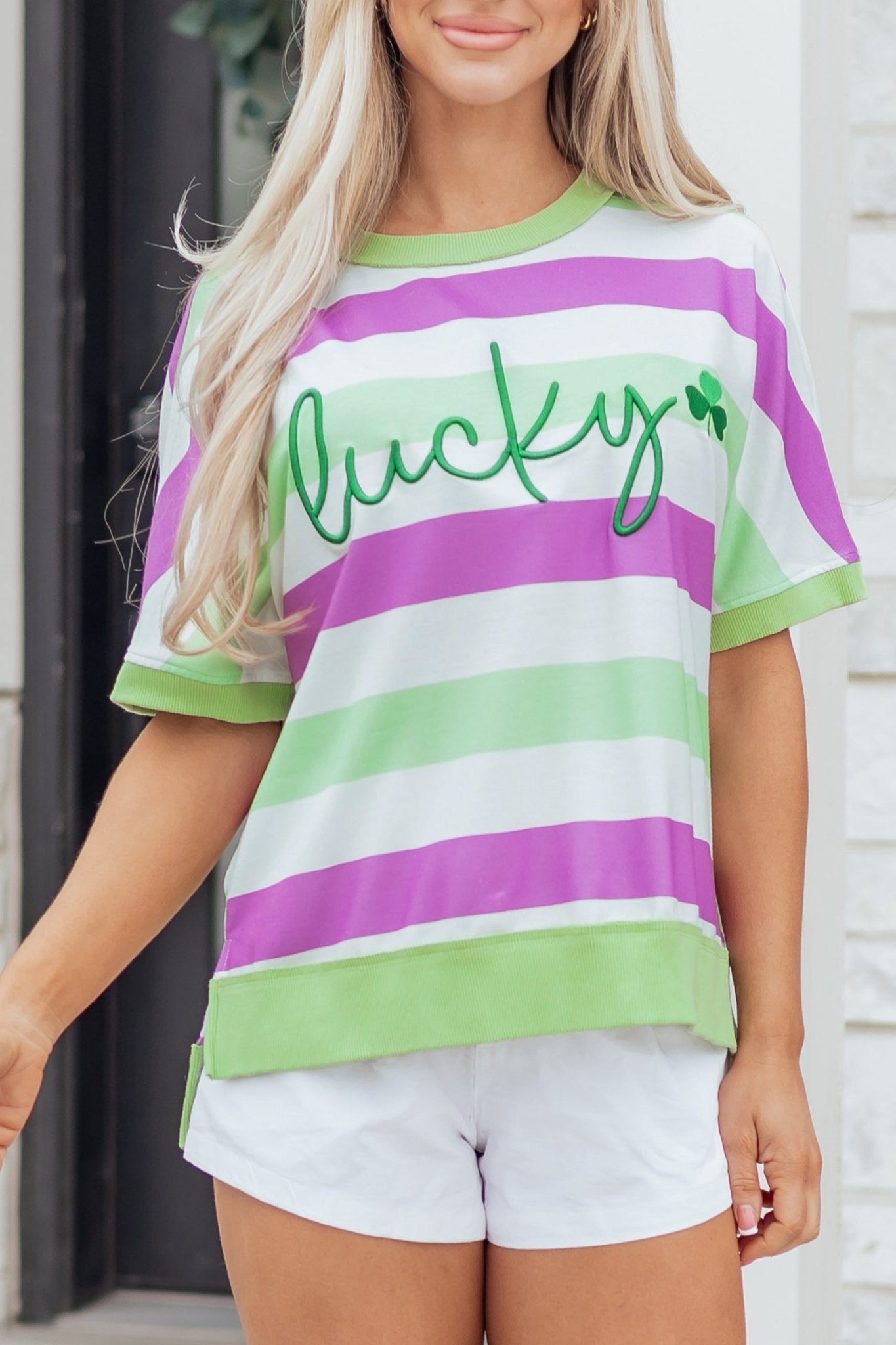 Stripe Lucky Clover Embroidered Dolman Sleeve Tee - Rooted & Reckless Co.