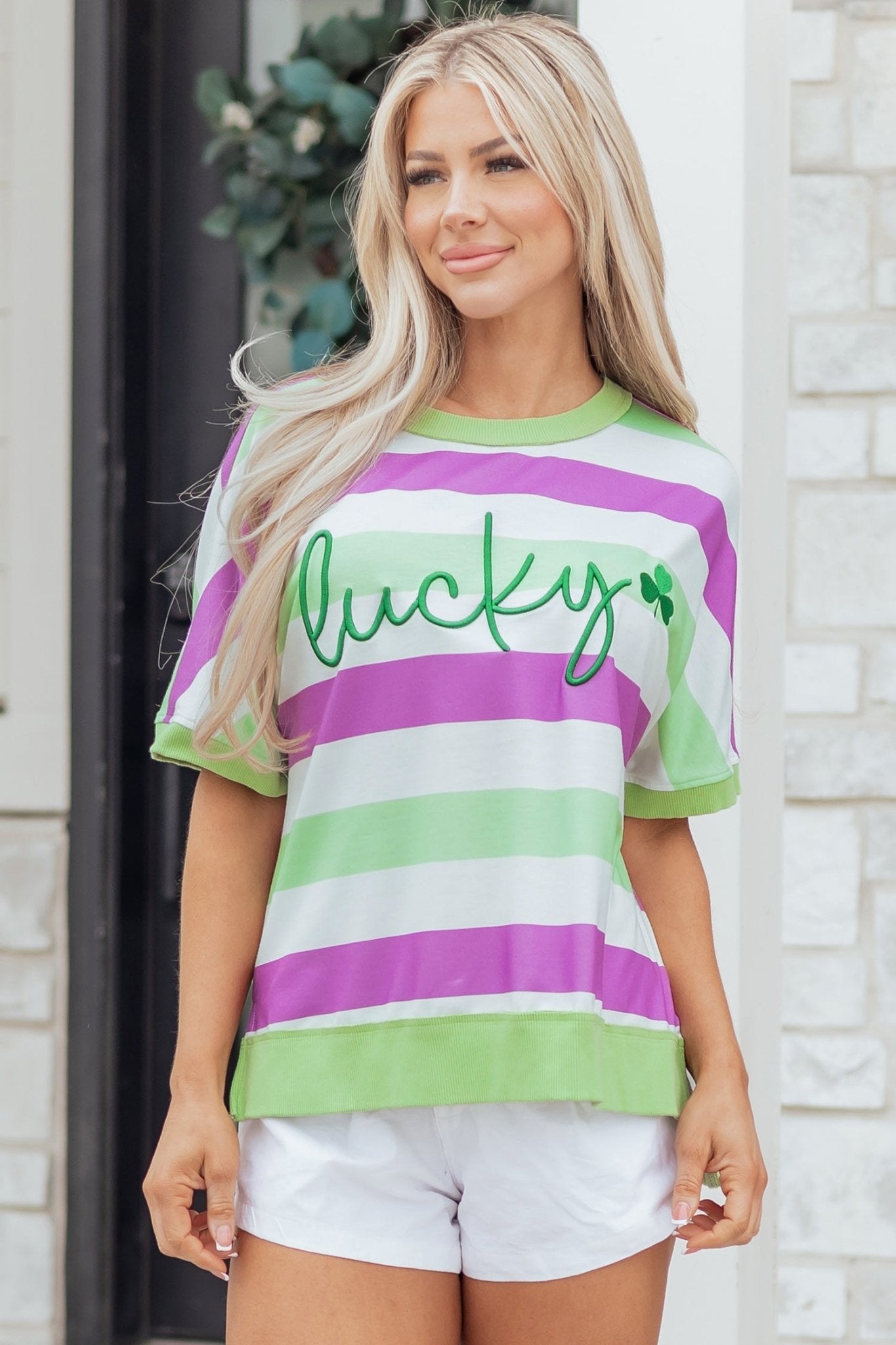 Stripe Lucky Clover Embroidered Dolman Sleeve Tee - Rooted & Reckless Co.