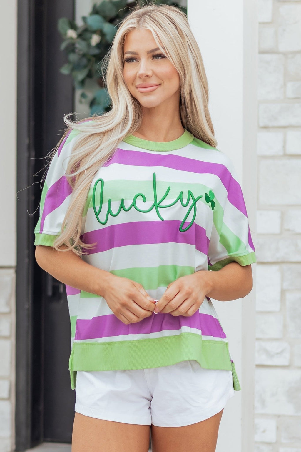 Stripe Lucky Clover Embroidered Dolman Sleeve Tee - Rooted & Reckless Co.