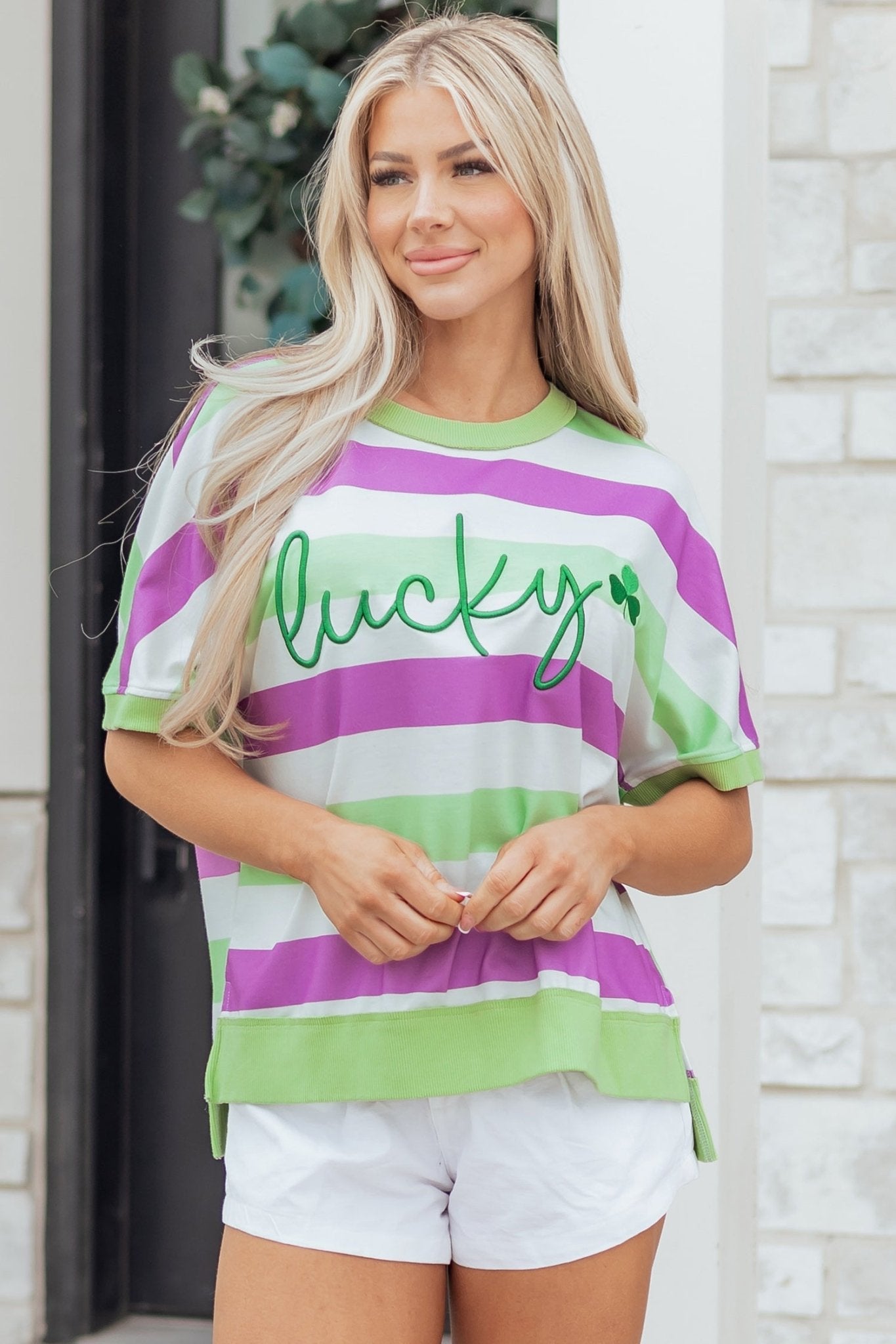 Stripe Lucky Clover Embroidered Dolman Sleeve Tee - Rooted & Reckless Co.
