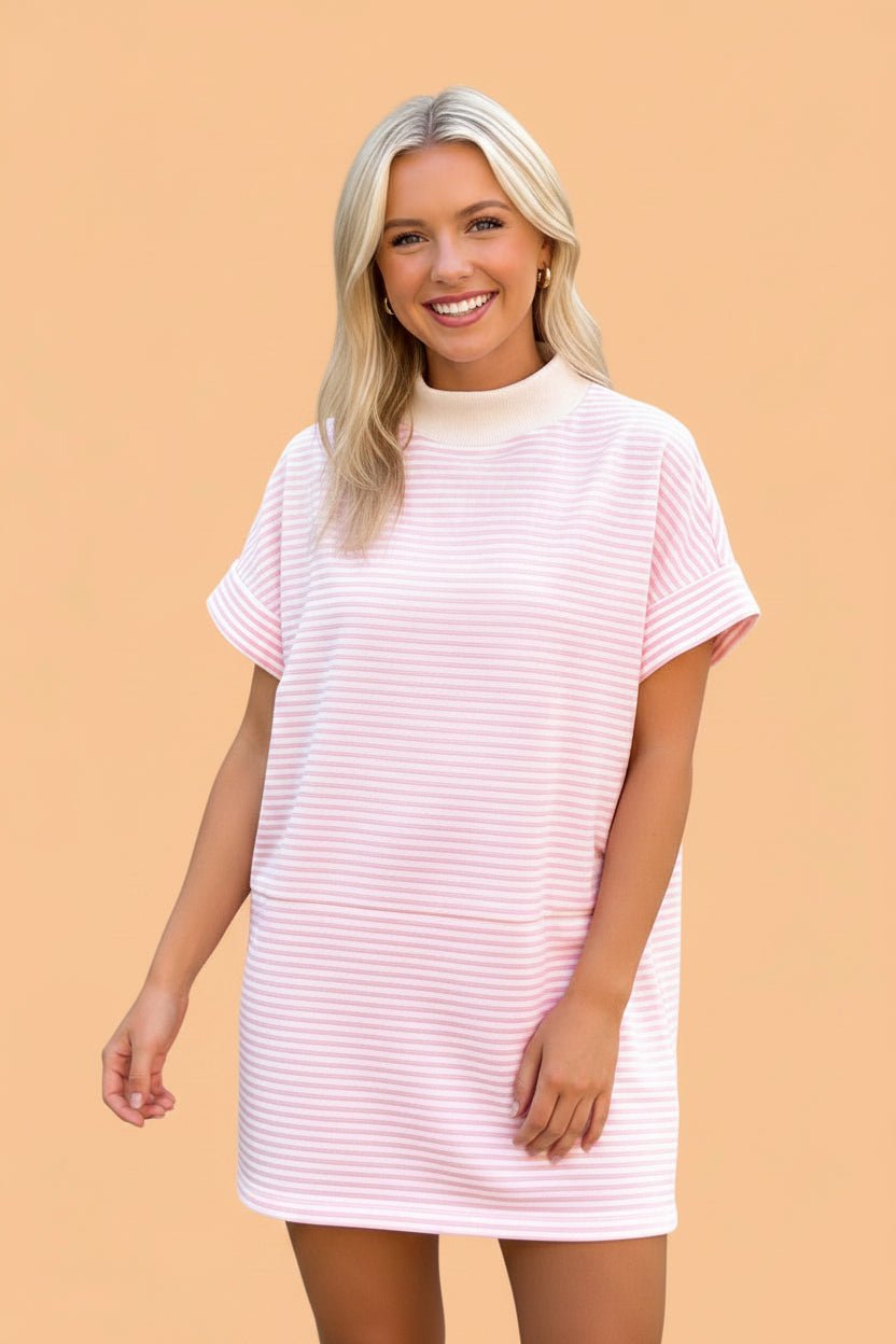 Stripe Mock Neck Cuffed Sleeve Tee Dress - Rooted & Reckless Co.
