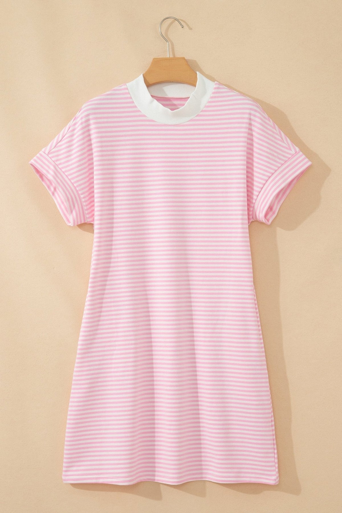Stripe Mock Neck Cuffed Sleeve Tee Dress - Rooted & Reckless Co.