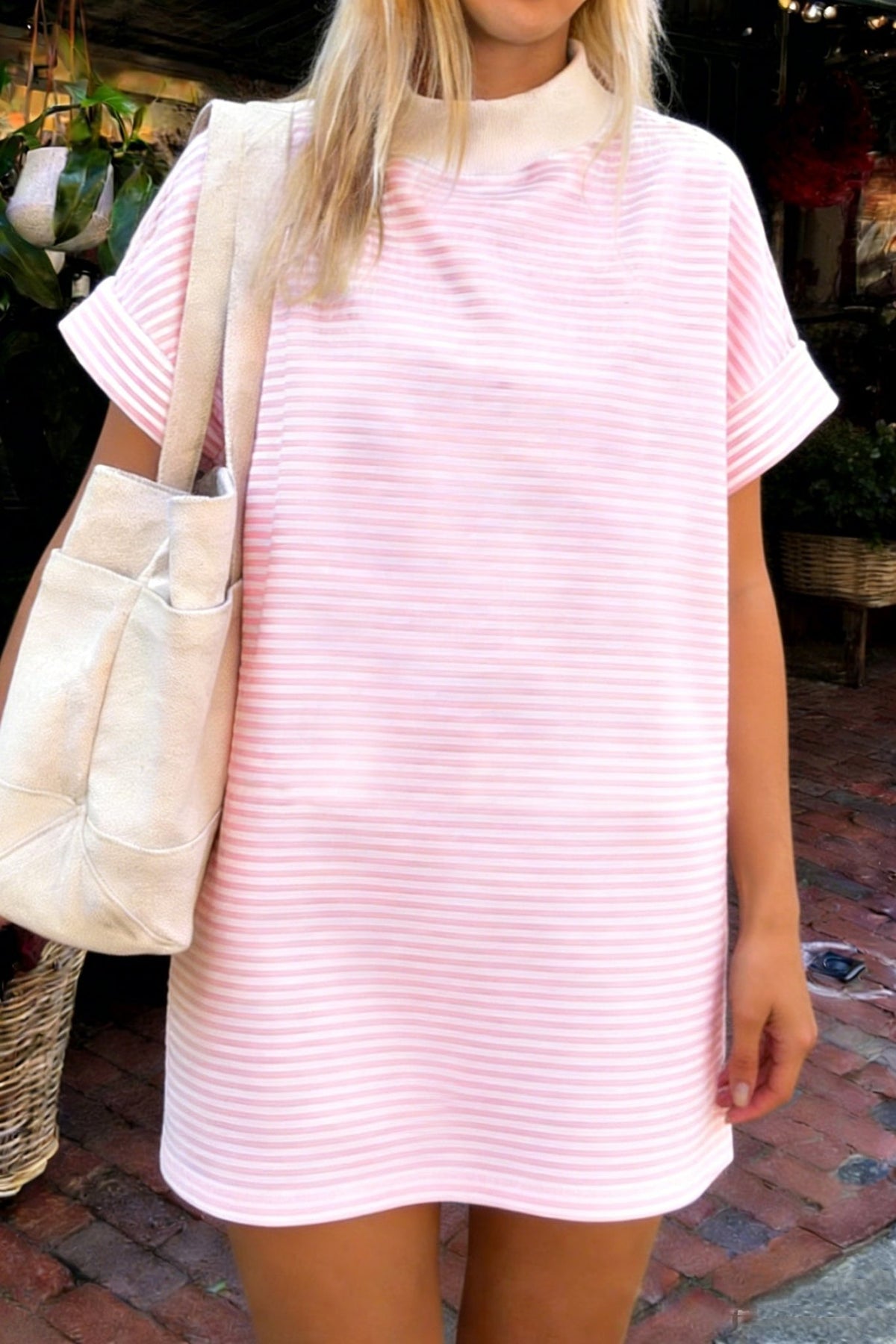 Stripe Mock Neck Cuffed Sleeve Tee Dress - Rooted & Reckless Co.