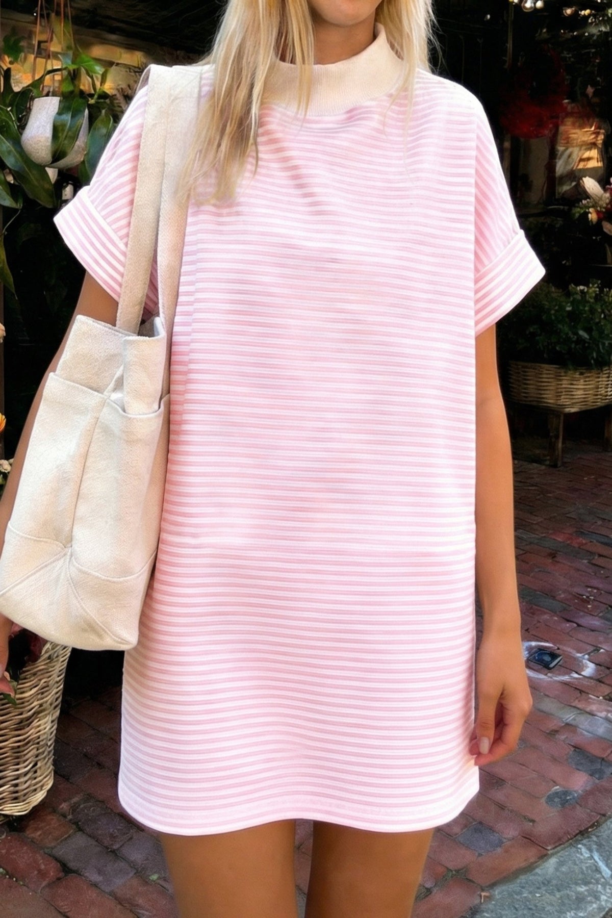 Stripe Mock Neck Cuffed Sleeve Tee Dress - Rooted & Reckless Co.