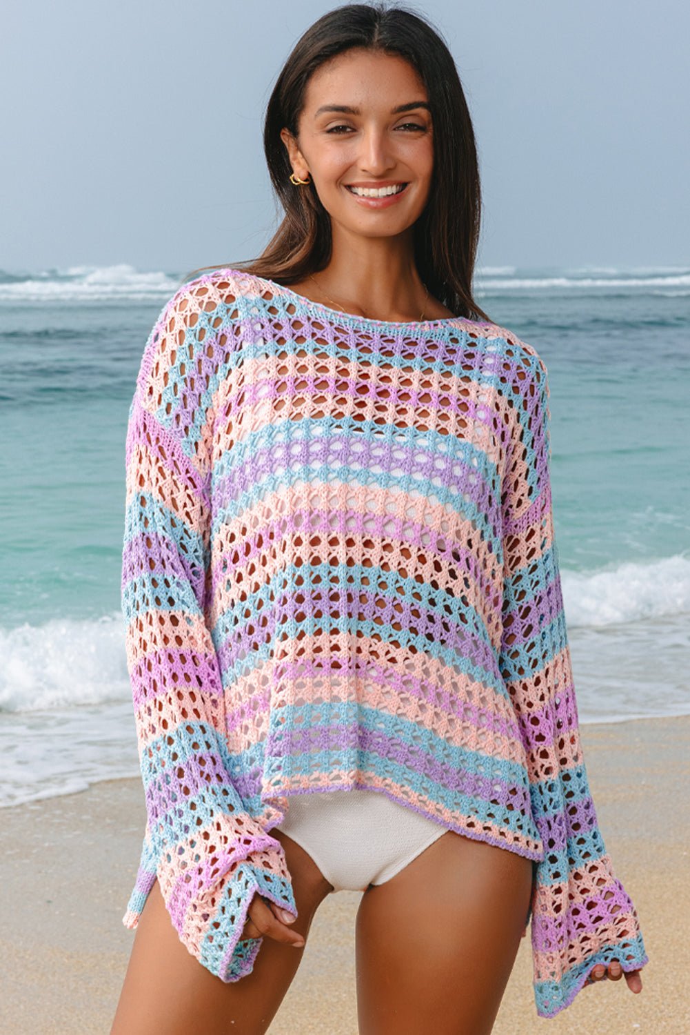 Stripe Open-Knit Beach Cover-Up Sweater - Rooted & Reckless Co.