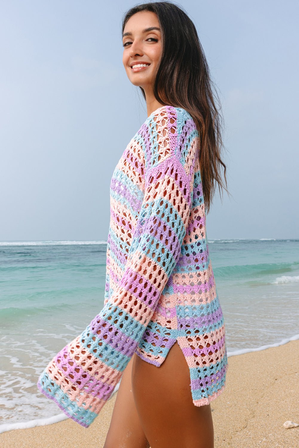 Stripe Open-Knit Beach Cover-Up Sweater - Rooted & Reckless Co.