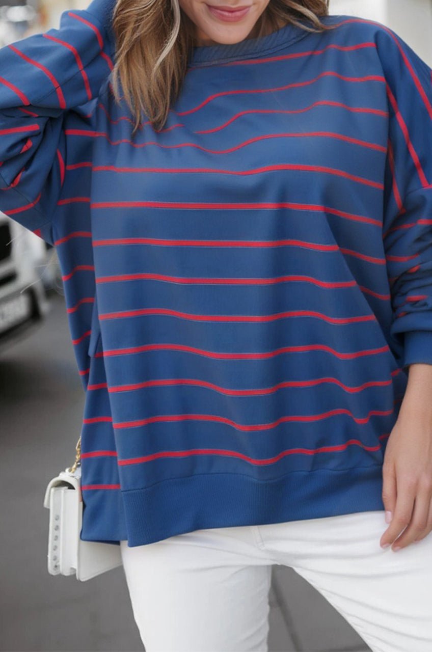 Stripe Overlap Drop Shoulder Pullover Sweatshirt - Rooted & Reckless Co.