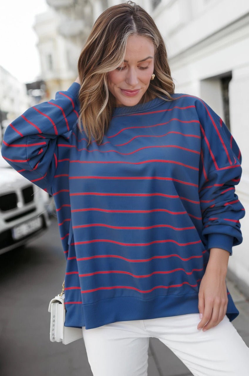 Stripe Overlap Drop Shoulder Pullover Sweatshirt - Rooted & Reckless Co.
